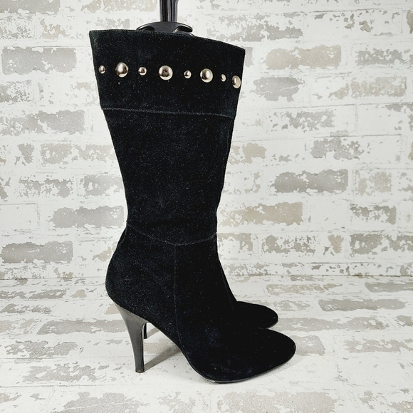 Guess Black Leather Side Zip Suede Heels Mid-Calf Boots F914 - Picture 5 of 14